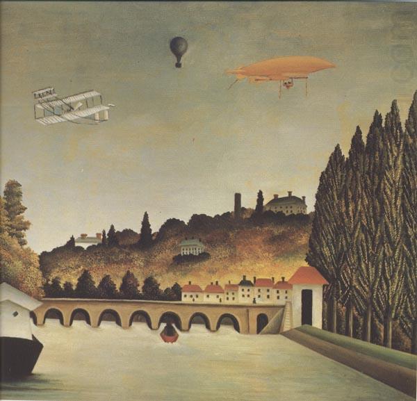 Henri Rousseau View of the Bridge at Sevres and Saint-Cloud with Airplane,Balloon,and Dirigible china oil painting image